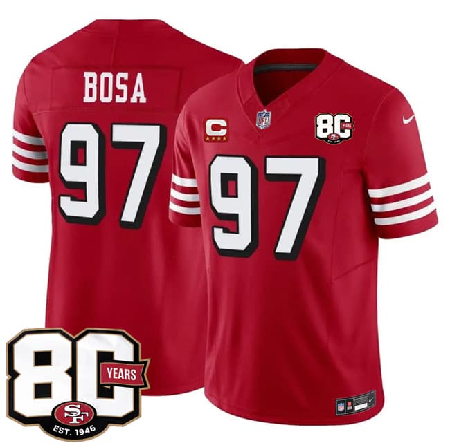 San Francisco 49ers #97 Nick Bosa New Red 2026 F.U.S.E. With 80th Anniversary & 4-Star C Patch Vapor Untouchable Limited Football Stitched Jersey