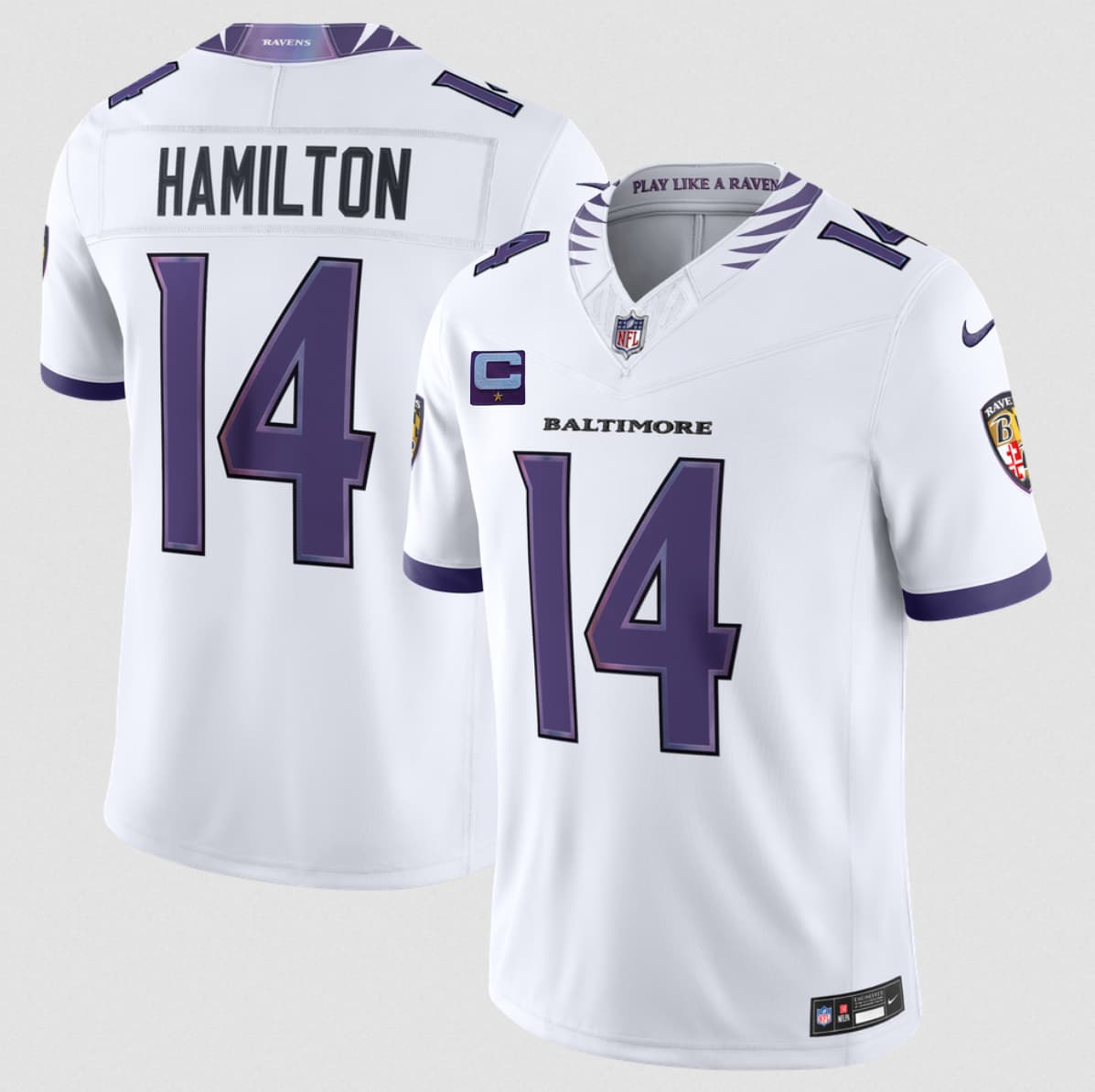 Baltimore Ravens #14 Kyle Hamilton White 2026 With 1-Star C Patch F.U.S.E. Vapor Limited Football Stitched Jersey Baltimore Ravens #14 Kyle Hamilton White 2026 With 1-Star C Patch F.U.S.E. Vapor Limited Football Stitched Jersey