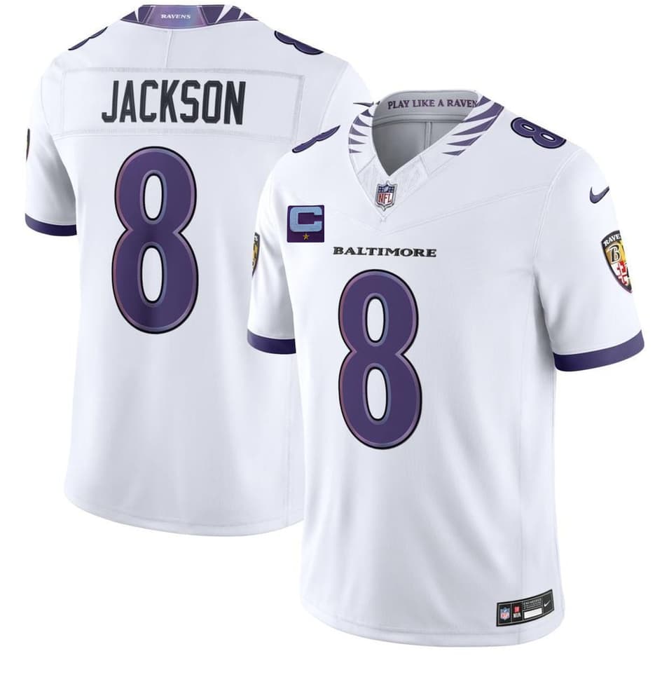 Baltimore Ravens #8 Lamar Jackson White 2026 With 1-Star C Patch F.U.S.E. Vapor Limited Football Stitched Jersey Baltimore Ravens #8 Lamar Jackson White 2026 With 1-Star C Patch F.U.S.E. Vapor Limited Football Stitched Jersey