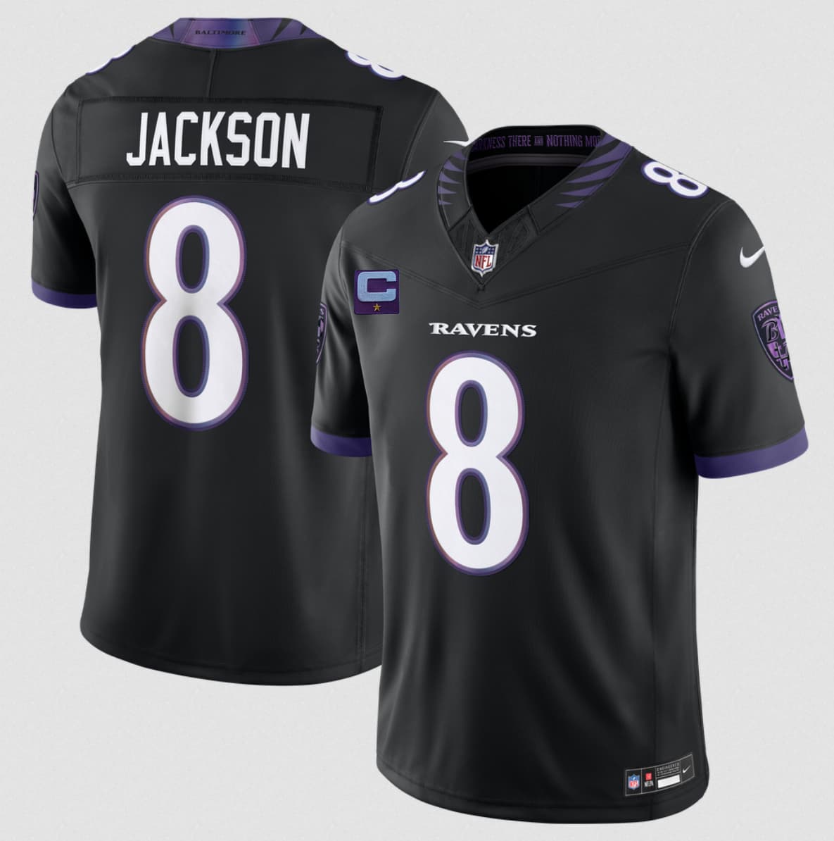 Baltimore Ravens #8 Lamar Jackson Black 2026 With 1-Star C Patch F.U.S.E. Alternate Vapor Limited Football Stitched Jersey Baltimore Ravens #8 Lamar Jackson Black 2026 With 1-Star C Patch F.U.S.E. Alternate Vapor Limited Football Stitched Jersey
