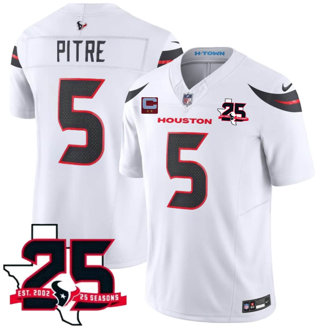 Houston Texans #5 Jalen Pitre White 2026 With 25th Anniversary Patch And 2-Star C Patch F.U.S.E. Vapor Limited Football Stitched Jersey
