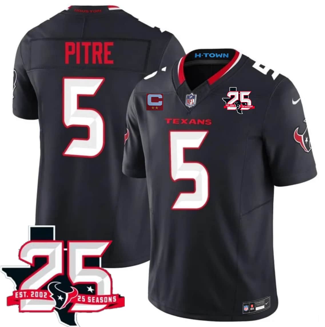 Houston Texans #5 Jalen Pitre Navy 2nd Alternate 2026 With 25th Anniversary Patch And 2-Star C Patch F.U.S.E. Vapor Limited Football Stitched Jersey