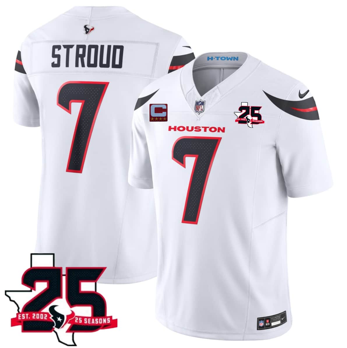 Houston Texans #7 C.J. Stroud White 2026 With 25th Anniversary Patch And 4-Star C Patch F.U.S.E. Vapor Limited Football Stitched Jersey Houston Texans #7 C.J. Stroud White 2026 With 25th Anniversary Patch And 4-Star C Patch F.U.S.E. Vapor Limited Football Stitched Jersey