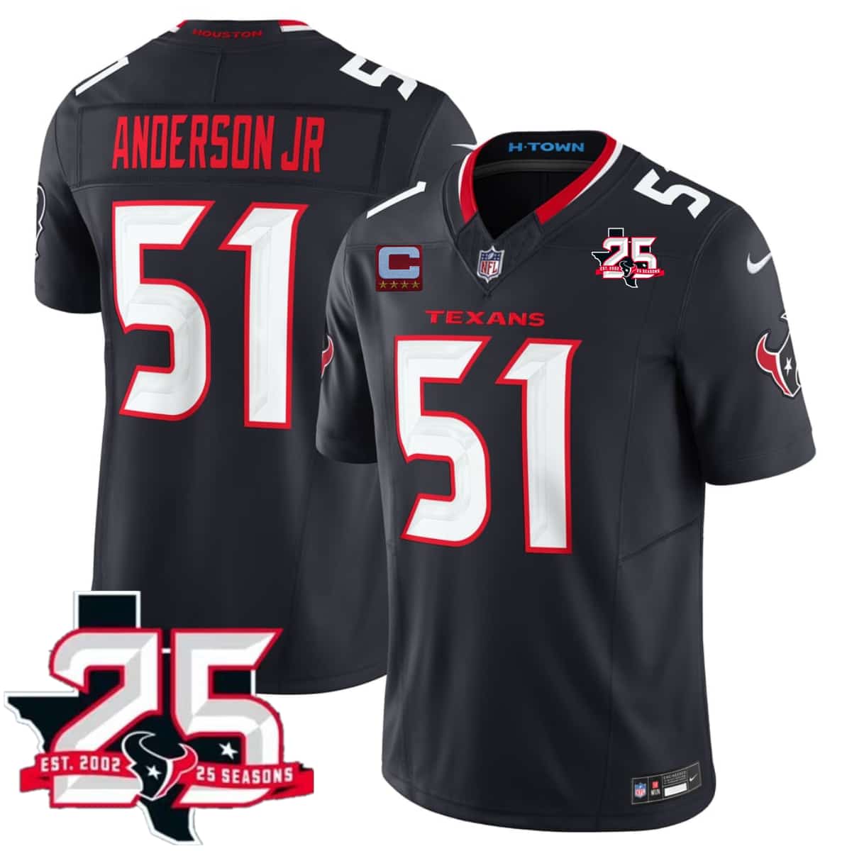 Houston Texans #51 Will Anderson Jr Navy 2nd Alternate 2026 With 25th Anniversary Patch And 4-Star C Patch F.U.S.E. Vapor Limited Football Stitched Jersey