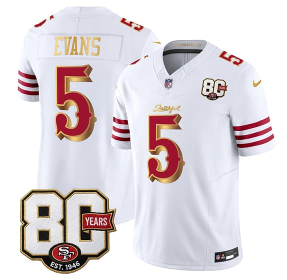 San Francisco 49ers #5 Mike Evans White Gold 80th Anniversary Patch 'Rivalries' 2026 F.U.S.E. Vapor Untouchable Limited Football Stitched Jersey
