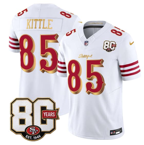 San Francisco 49ers #85 George kittle White Gold 80th Anniversary Patch 'Rivalries' 2026 F.U.S.E. Vapor Untouchable Limited Football Stitched Jersey