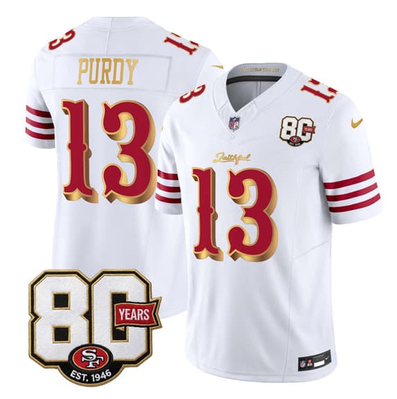 San Francisco 49ers #13 Brock Purdy White Gold 80th Anniversary Patch 'Rivalries' 2026 F.U.S.E. Vapor Untouchable Limited Football Stitched Jersey