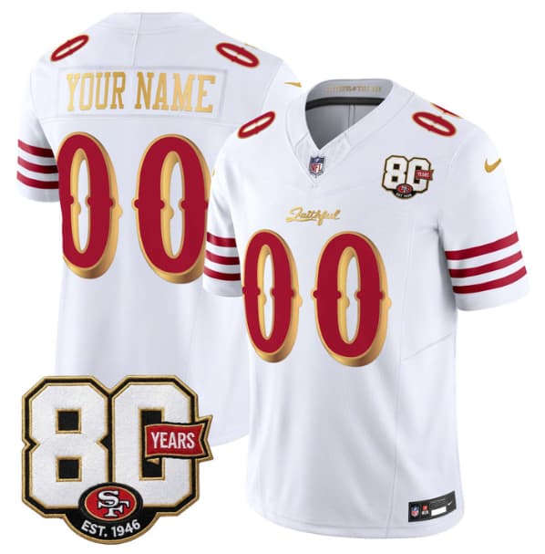 San Francisco 49ers Active Player Custom White Gold 80th Anniversary Patch 'Rivalries' 2026 F.U.S.E. Vapor Untouchable Limited Football Stitched Jersey San Francisco 49ers Active Player Custom White Gold 80th Anniversary Patch 'Rivalries' 2026 F.U.S.E. Vapor Untouchable Limited Football Stitched Jersey