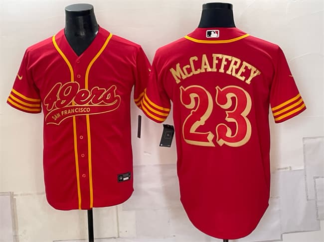 San Francisco 49ers #23 Christian McCaffrey Red Gold Cool Base Stitched Baseball Jersey