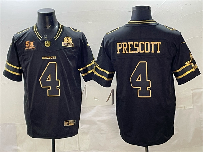 Dallas Cowboys #4 Dak Prescott Black Gold 2025 F.U.S.E. With 5x Super Bowl Champions & Established In 1960 Patch Vapor Limited Stitched Football Jersey