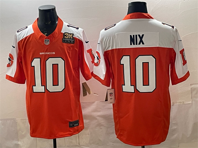 Denver Broncos #10 Bo Nix Orange 2024 F.U.S.E. With 3-Time Champions Patch Throwback Vapor Limited Alternate Football Stitched Jersey