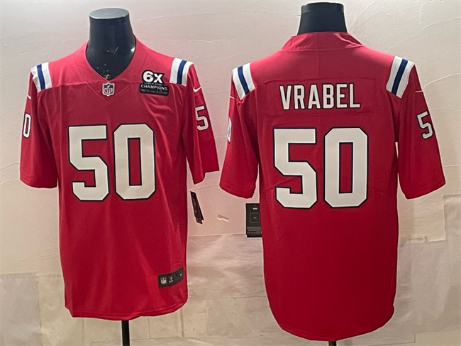 New England Patriots #50 Mike Vrabel Red With 6x Super Bowl Champions Patch Vapor Limited Football Stitched Jersey