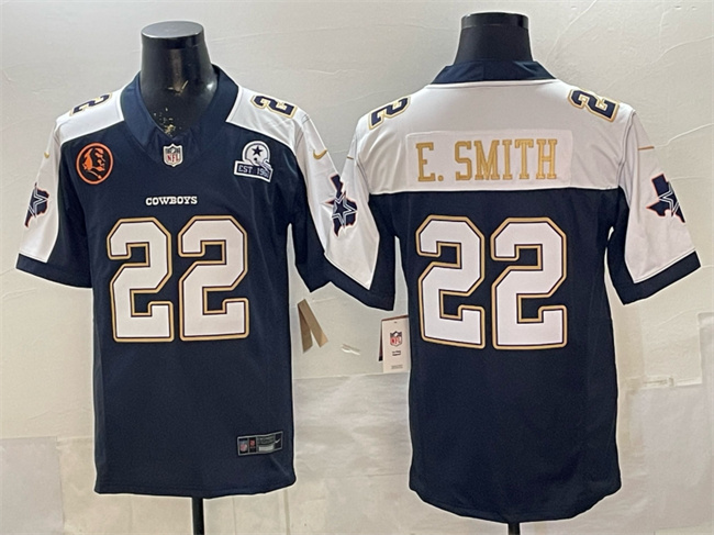 Dallas Cowboys #22 Emmitt Smith Navy F.U.S.E. With John Madden Patch & Established In 1960 Patch Thanksgiving Vapor Limited Stitched Football Jersey