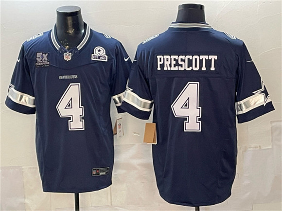 Dallas Cowboys #4 Dak Prescott Navy F.U.S.E. With 5x Super Bowl Champions & Established In 1960 Patch Vapor Limited Stitched Football Jersey