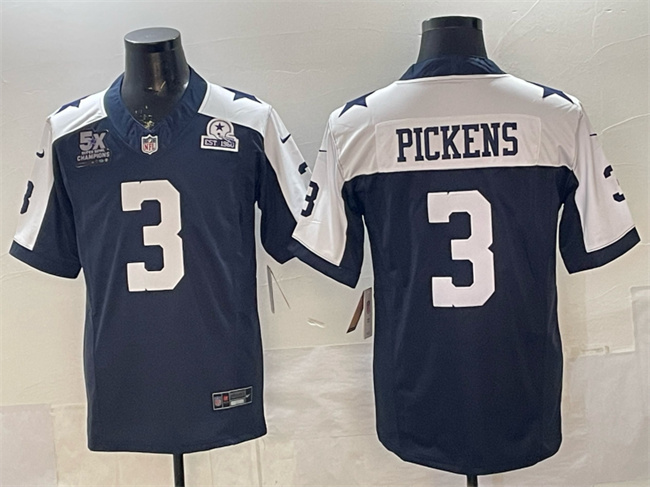 Dallas Cowboys #3 George pickens Navy F.U.S.E. With 5x Super Bowl Champions & Established In 1960 Patch Thanksgiving Vapor Limited Stitched Football Jersey