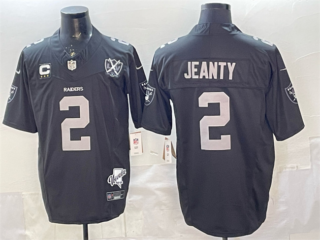 Las Vegas Raiders #2 Ashton Jeanty Black 2025 Draft F.U.S.E. With 4-Star C Patch Nevada Silver Stat Patch And 65th Anniversary Patch Stitched Football Jersey