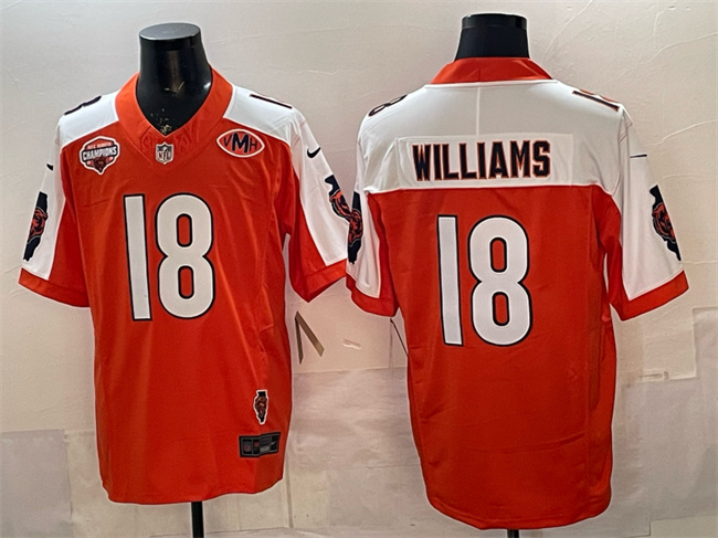 Chicago Bears #18 Caleb Williams Orange White F.U.S.E. 2025 NFC North Champions & VMH Patch Vapor Untouchable Limited Stitched Football Jersey