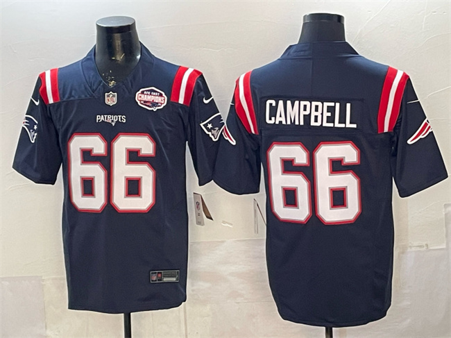 New England Patriots #66 Will Campbell Navy F.U.S.E. 2025 AFC East Championship Patch Vapor Limited Stitched Football Jersey