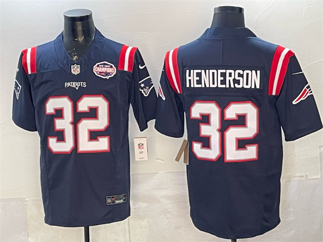 New England Patriots #32 TreVeyon Henderson Navy F.U.S.E. 2025 AFC East Championship Patch Vapor Limited Stitched Football Jersey