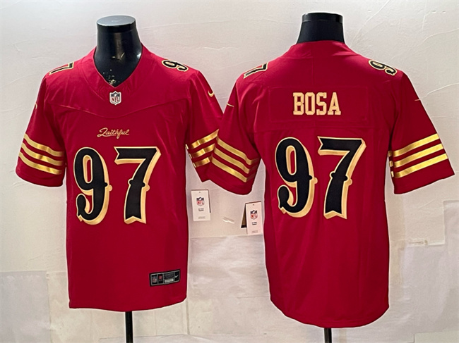 San Francisco 49ers #97 Nick Bosa Red Gold 2025 F.U.S.E. ??Rivalries?? Vapor Limited Stitched Football Jersey