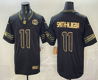 Seattle Seahawks #11 Jaxon Smith-Njigba Black Gold 2025 FUSE 50th Season Patch Limited Stitched Jersey