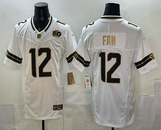 Seattle Seahawks #12 Fan White Gold 2025 FUSE 50th Season Patch Limited Stitched Jersey