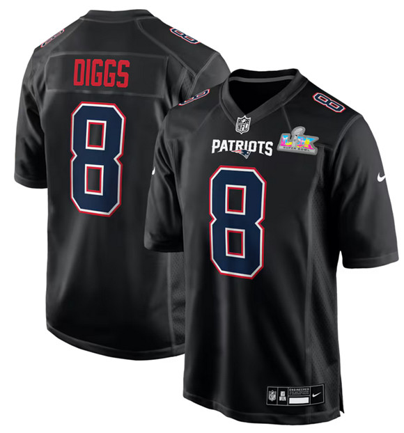 New England Patriots #8 Stefon Diggs Black 2025 Super Bowl LX Patch Carbon Fashion Stitched Game Jersey