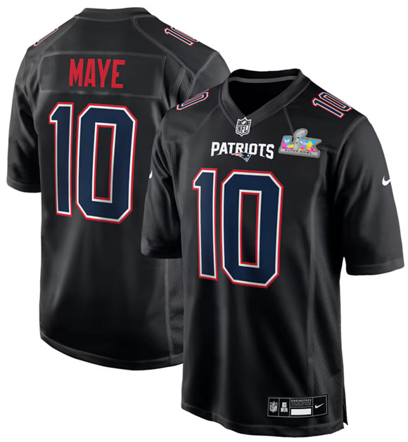 New England Patriots #10 Drake Maye Black 2025 Super Bowl LX Patch Carbon Fashion Stitched Game Jersey