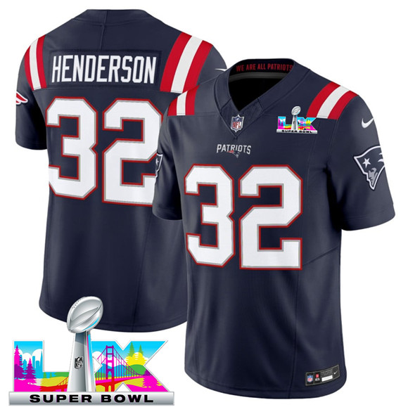 New England Patriots #32 TreVeyon Henderson Navy 2025 F.U.S.E. Super Bowl LX Patch Limited Football Stitched Jersey