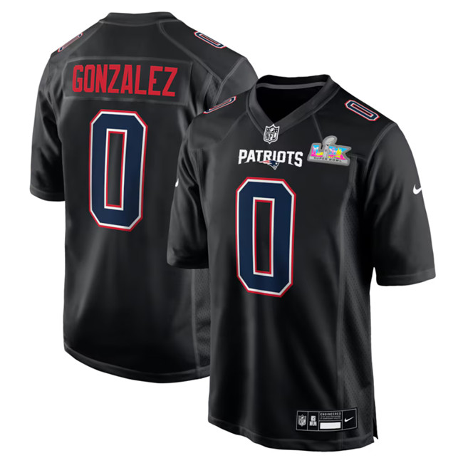New England Patriots #0 Christian Gonzalez Black 2025 Super Bowl LX Patch Carbon Fashion Stitched Game Jersey