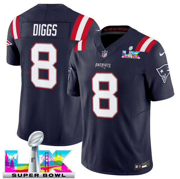 New England Patriots #8 Stefon Diggs Navy 2025 F.U.S.E. Super Bowl LX Patch Vapor Limited Football Stitched Jersey
