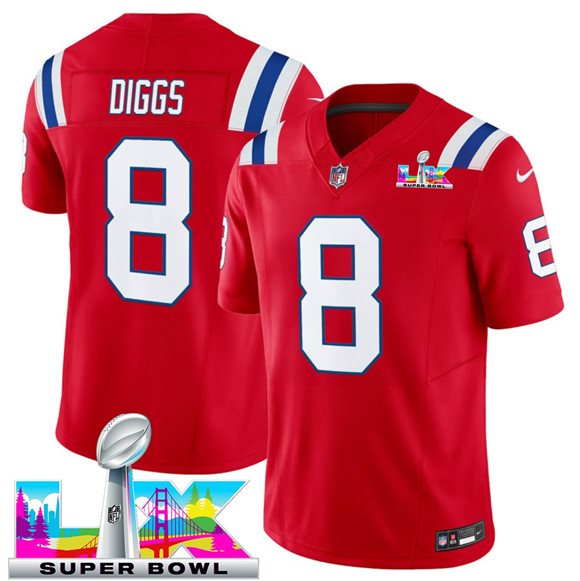 New England Patriots #8 Stefon Diggs Red 2025 F.U.S.E. Super Bowl LX Patch Vapor Limited Football Stitched Jersey
