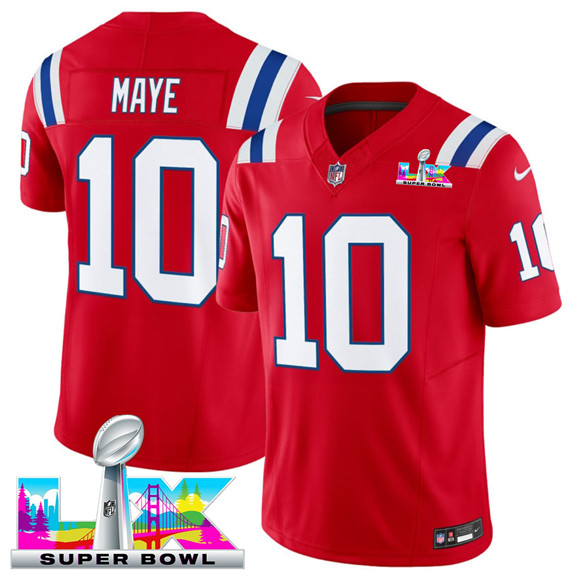 New England Patriots #10 Drake Maye Red 2025 F.U.S.E. Super Bowl LX Patch Vapor Limited Football Stitched Jersey