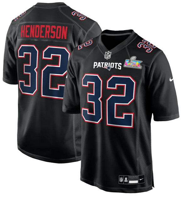New England Patriots #32 TreVeyon Henderson Black 2025 Super Bowl LX Patch Carbon Fashion Stitched Game Jersey