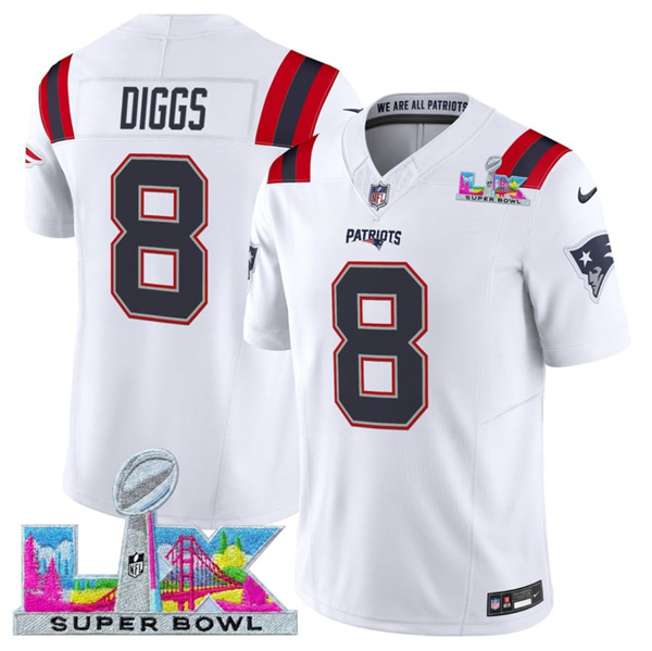 New England Patriots #8 Stefon Diggs White 2025 F.U.S.E. Super Bowl LX Patch Vapor Limited Football Stitched Jersey