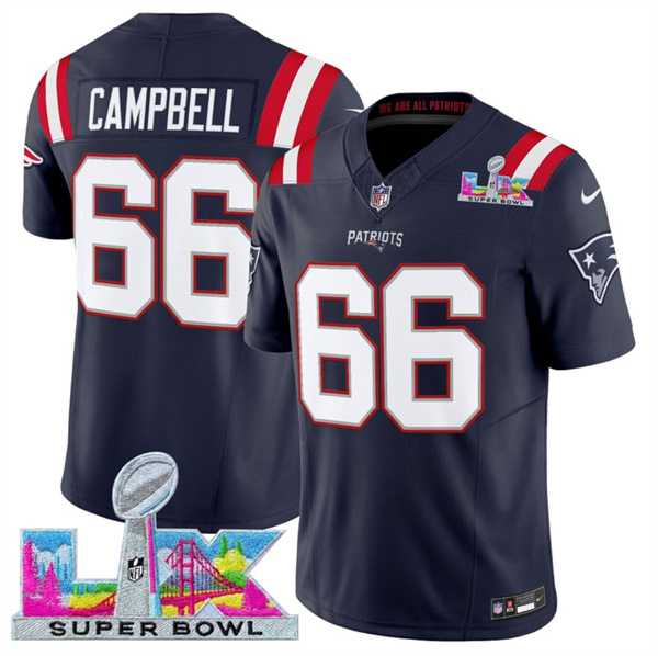 New England Patriots #66 Will Campbell Navy 2025 F.U.S.E. Super Bowl LX Patch Vapor Limited Football Stitched Jersey