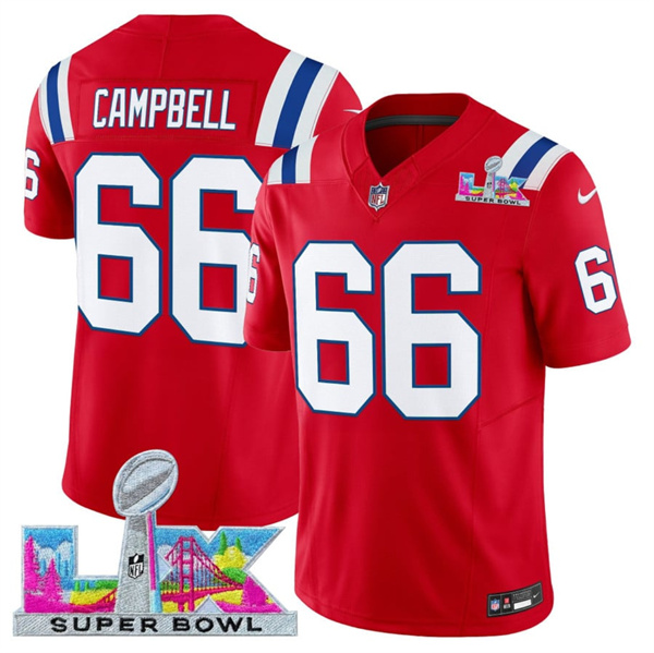 New England Patriots #66 Will Campbell Red 2025 F.U.S.E. Super Bowl LX Patch Vapor Limited Football Stitched Jersey