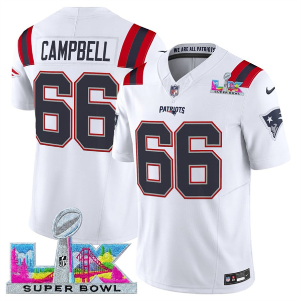 New England Patriots #66 Will Campbell White 2025 F.U.S.E. Super Bowl LX Patch Vapor Limited Football Stitched Jersey