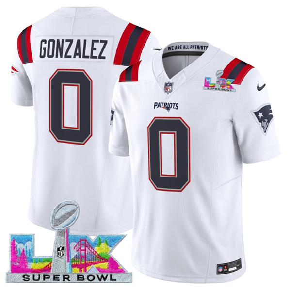 New England Patriots #0 Christian Gonzalez White 2025 F.U.S.E. Super Bowl LX Patch Vapor Limited Football Stitched Jersey