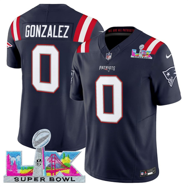 New England Patriots #0 Christian Gonzalez Navy 2025 F.U.S.E. Super Bowl LX Patch Vapor Limited Football Stitched Jersey