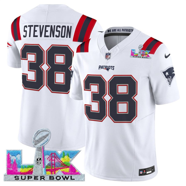 New England Patriots #38 Rhamondre Stevenson White 2025 F.U.S.E. Super Bowl LX Patch Vapor Limited Football Stitched Jersey