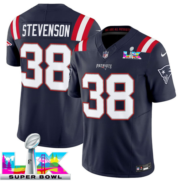 New England Patriots #38 Rhamondre Stevenson Navy 2025 F.U.S.E. Super Bowl LX Patch Vapor Limited Football Stitched Jersey