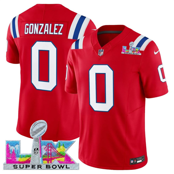 New England Patriots #0 Christian Gonzalez Red 2025 F.U.S.E. Super Bowl LX Patch Vapor Limited Football Stitched Jersey