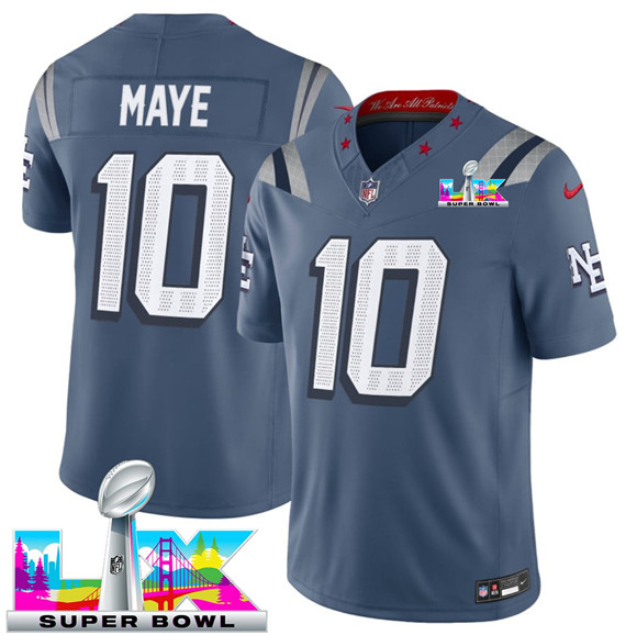 New England Patriots #10 Drake Maye Storm Blue 2025 F.U.S.E. Super Bowl LX Patch ??Rivalries?? Vapor Limited Football Stitched Jersey