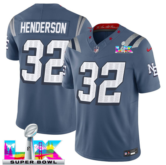 New England Patriots #32 TreVeyon Henderson Storm Blue 2025 F.U.S.E. Super Bowl LX Patch ??Rivalries?? Vapor Limited Football Stitched Jersey