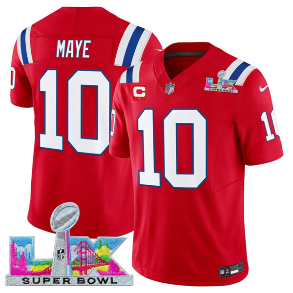 New England Patriots #10 Drake Maye Red 2025 F.U.S.E. Super Bowl LX Patch And 1-Star C Patch Vapor Limited Football Stitched Jersey