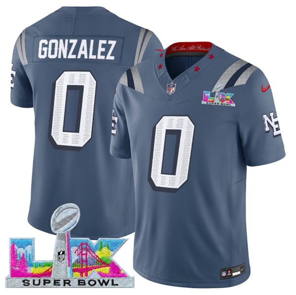 New England Patriots #0 Christian Gonzalez Storm Blue 2025 F.U.S.E. Super Bowl LX Patch ??Rivalries?? Vapor Limited Football Stitched Jersey