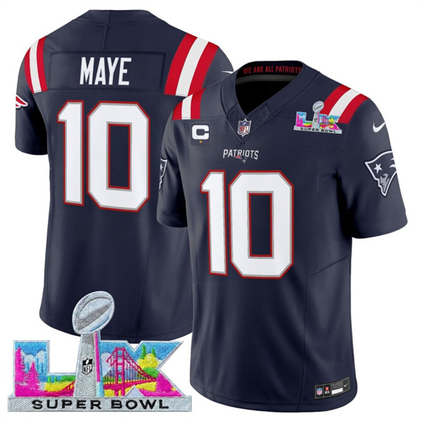 New England Patriots #10 Drake Maye Navy 2025 F.U.S.E. Super Bowl LX Patch And 1-Star C Patch Vapor Limited Football Stitched Jersey