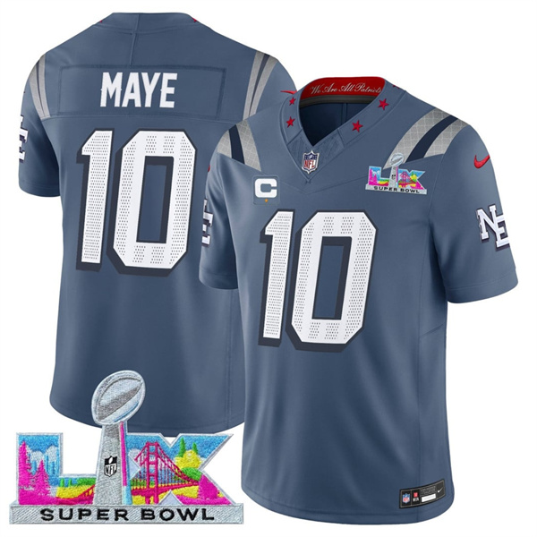 New England Patriots #10 Drake Maye Storm Blue 2025 F.U.S.E. Super Bowl LX Patch And 1-Star C Patch ??Rivalries?? Vapor Limited Football Stitched Jersey