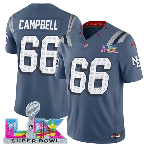 New England Patriots #66 Will Campbell Storm Blue 2025 F.U.S.E. Super Bowl LX Patch ??Rivalries?? Vapor Limited Football Stitched Jersey